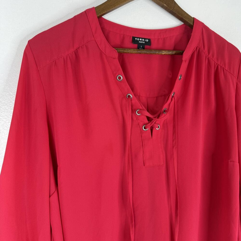 Torrid Top Tunic Womens 1X Plus Pink Harper Lace Up Roll Tab Sleeve Blouse
